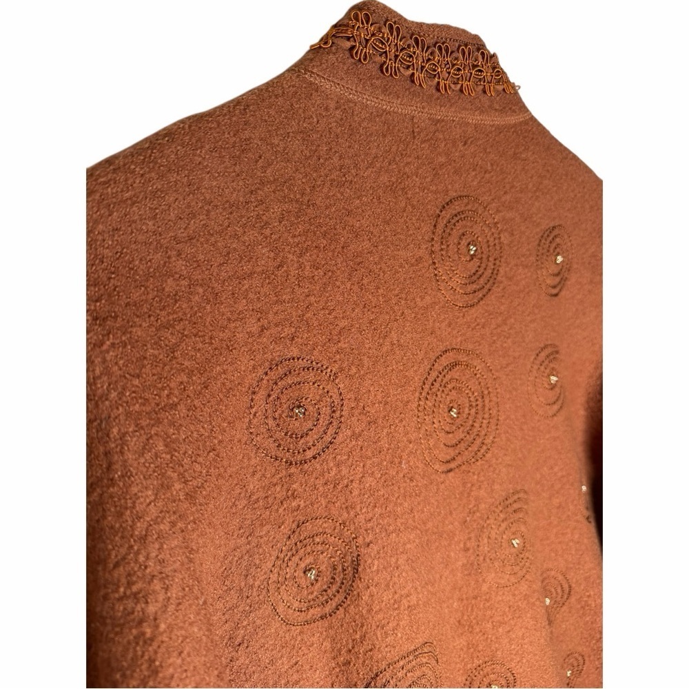 Boho Artisan 100% Wool Zip Jacket Embellished Brown Rust Statement Cardigan | XL - Picture 9 of 13